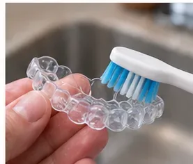 A soft toothbrush positioned against a clear retainer for a gentle daily cleaning.