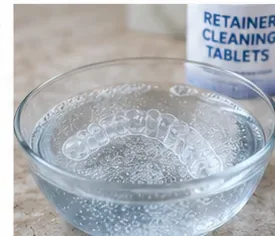 A clear retainer soaking in a bowl of water with a retainer cleaning tablet container in the background.