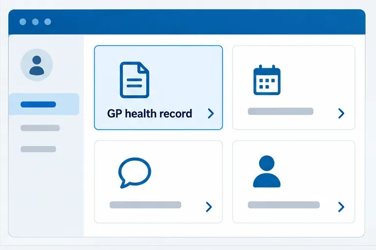 Illustrative online health account home screen with a tile labeled GP health record