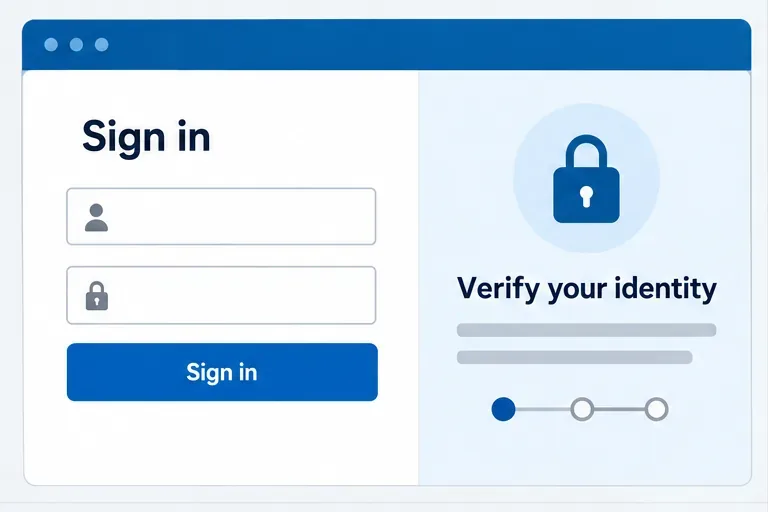 Illustrative sign-in screen beside an identity verification panel with a lock icon