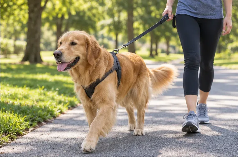 Golden Retriever walking on a leash and harness with its owner on a shaded park path
