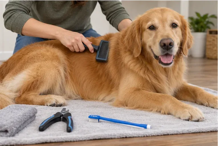 Golden Retriever lying calmly while an owner brushes its coat with nail clippers and a dog toothbrush nearby