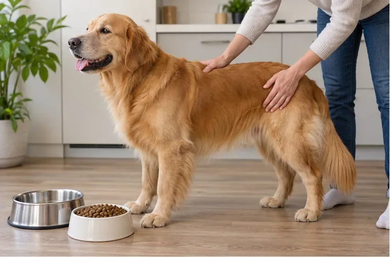 Adult Golden Retriever standing beside measured dry food and a water bowl while an owner checks the dog’s body condition