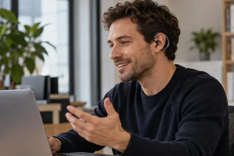An office worker speaks during a video call while wearing a dark cuff-style open-ear earbud at a laptop.