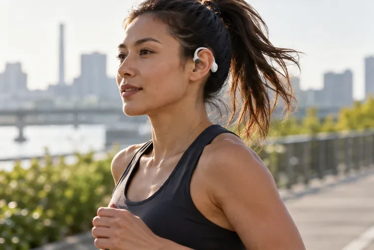 A runner moves along a sunny urban path wearing a cuff-style earbud that leaves the ear canal uncovered.