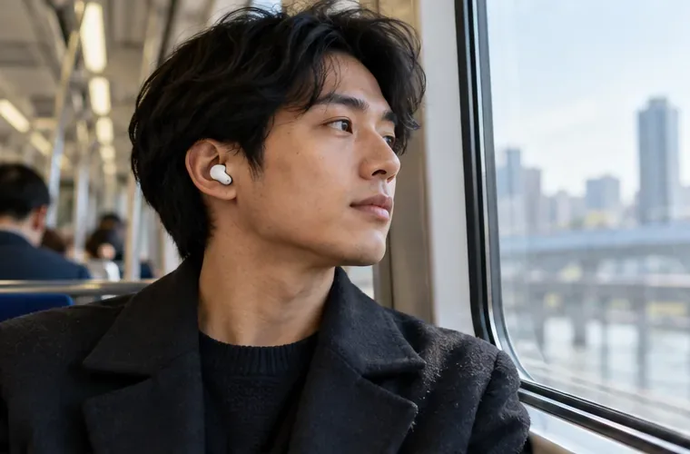 A passenger wearing small wireless in-ear earbuds sits beside a train window as the city passes outside.