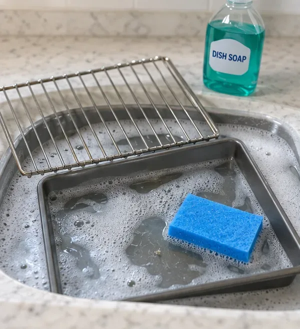 A toaster oven wire rack and baking pan being soaked in warm sudsy water with a soft sponge and dish soap nearby
