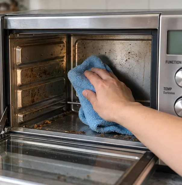 A hand using a soft blue microfiber cloth to wipe food splatter from the inside wall of a stainless-steel Breville toaster oven