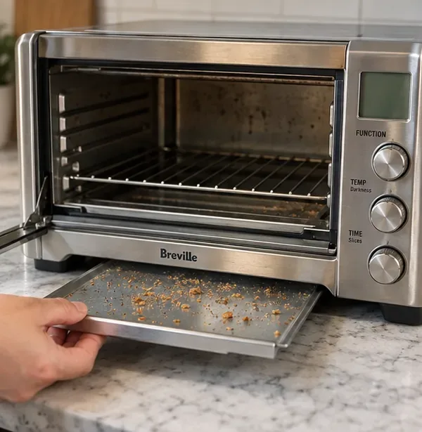 A stainless-steel Breville toaster oven with its crumb tray pulled forward and covered with loose toasted crumbs
