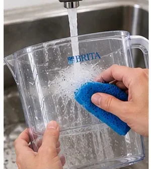 A clear Brita-style pitcher being hand-washed in a sink with mild dish soap and a soft blue sponge.