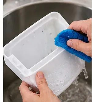 A white Brita-style reservoir being gently cleaned with a soft sponge around its corners and filter opening.