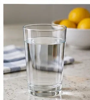 A clear glass of freshly filtered water beside a clean pitcher setup after cleaning and filter preparation.