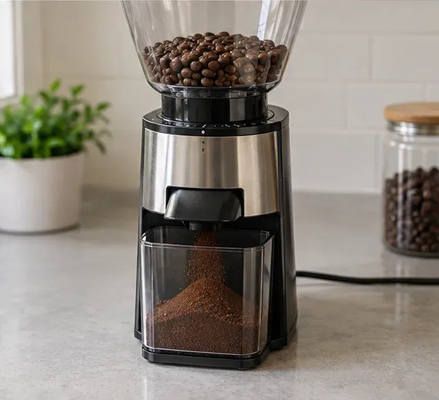 O râșniță de cafea curată cu bavuri măcinând boabe de cafea într-un recipient curat pentru zaț