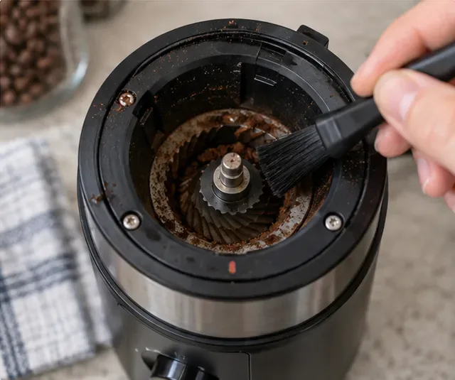 O perie uscată curăță zațul de cafea din zona inferioară expusă a bavurilor unei râșnițe