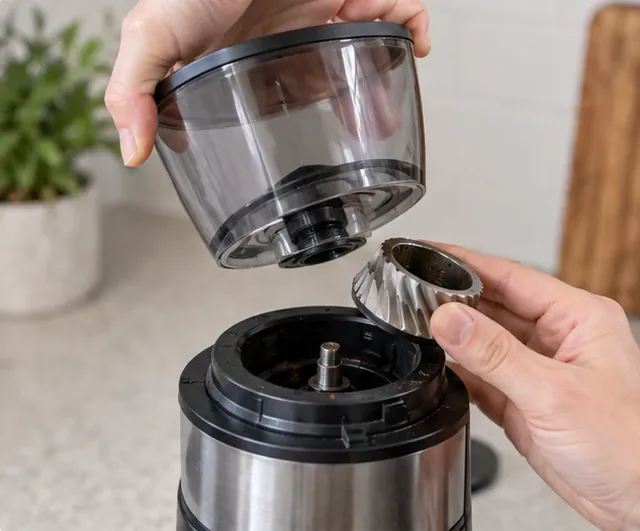 Mâini care ridică pâlnia și bavura superioară detașabilă de pe o râșniță de cafea conică