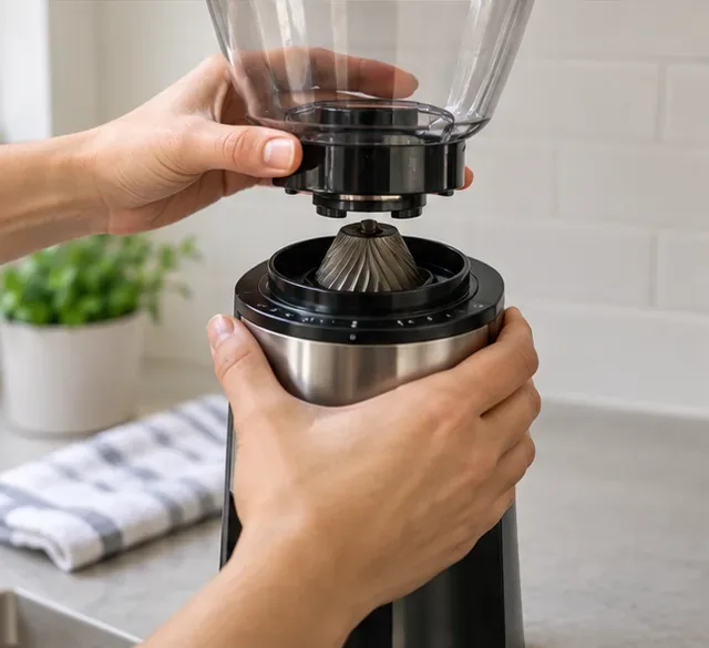 Mâini care reinstalează o pâlnie transparentă peste ansamblul conic al bavurilor unei râșnițe de cafea
