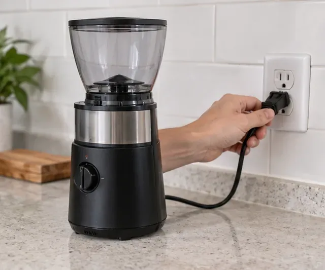 O mână scoțând din priză o râșniță de cafea neagră și din oțel inoxidabil pe un blat de bucătărie