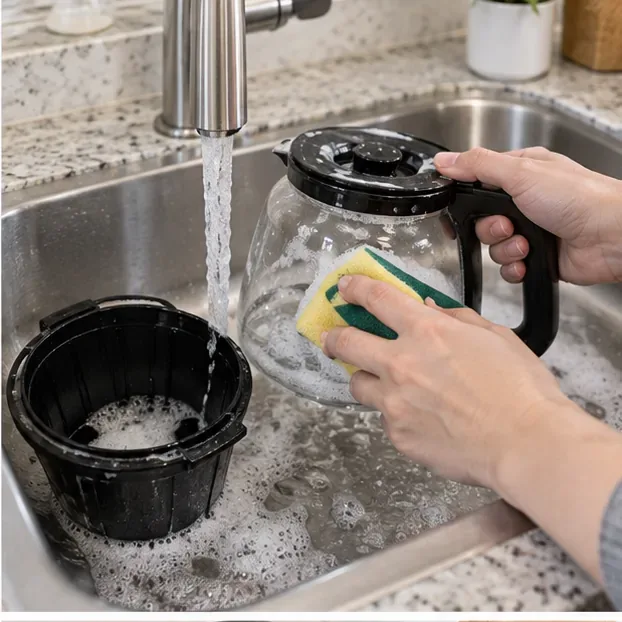 A glass coffee carafe and removable brew basket being washed with warm soapy water in a kitchen sink.