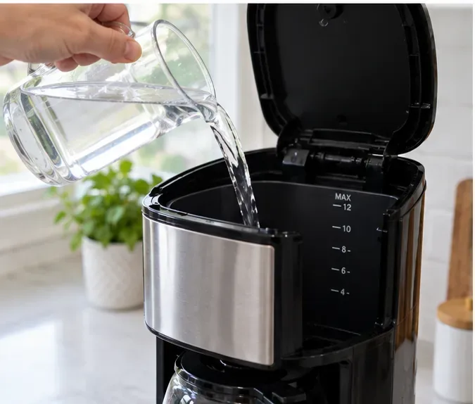Fresh water being poured into the coffee maker reservoir for the post-descaling rinse cycles.