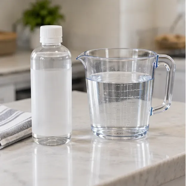 A measured bottle of coffee-machine descaling solution beside a clear pitcher of water on a kitchen counter.