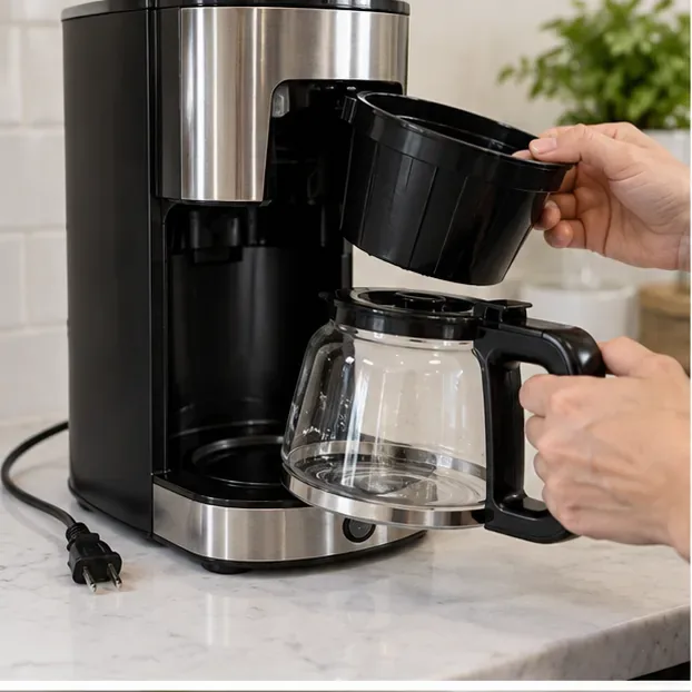 An unplugged drip coffee maker with the glass carafe and removable brew basket being taken out before cleaning.