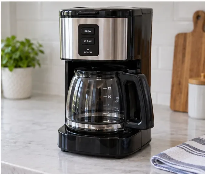 A clean drip coffee maker reassembled with an empty glass carafe and ready for a test brew.