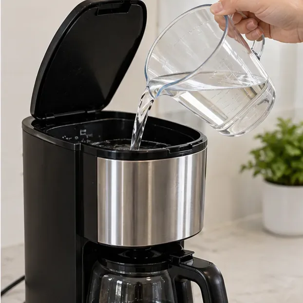 Prepared vinegar-free descaling solution being poured into the water reservoir of a drip coffee maker.