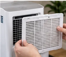 Hands removing a rectangular mesh air filter from the rear of a white dehumidifier.