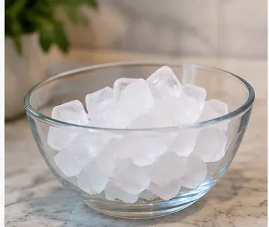 A small glass bowl filled with ice cubes on a kitchen counter, ready for garbage disposal cleaning