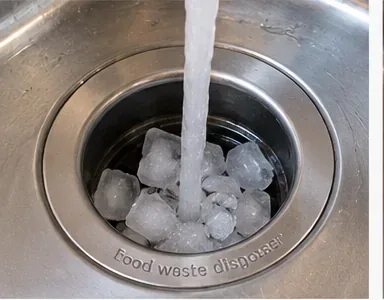 Ice cubes sitting in a garbage disposal opening while cold water flows over them