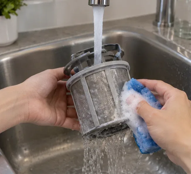 Cylindrical dishwasher filter being rinsed under a faucet and gently wiped with a soft blue sponge