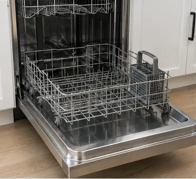 Open dishwasher with the lower rack pulled forward for access to the tub floor