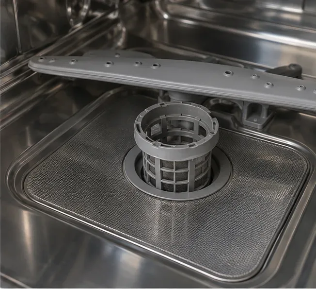 Close-up of a cylindrical dishwasher filter seated in a flat mesh filter area below the spray arm