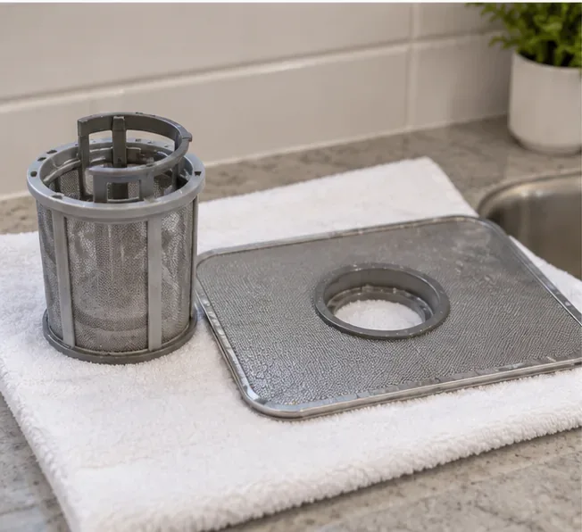 Clean cylindrical and flat mesh dishwasher filters resting on a white towel beside a sink