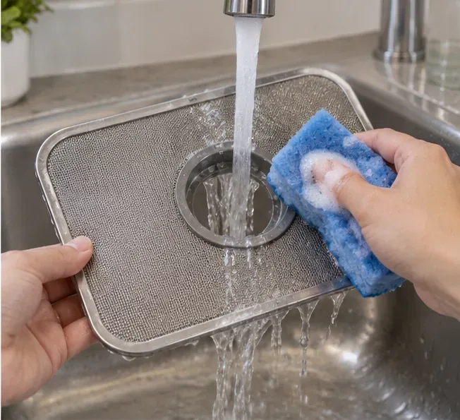 Flat rectangular mesh dishwasher filter being rinsed under running water and wiped with a blue sponge