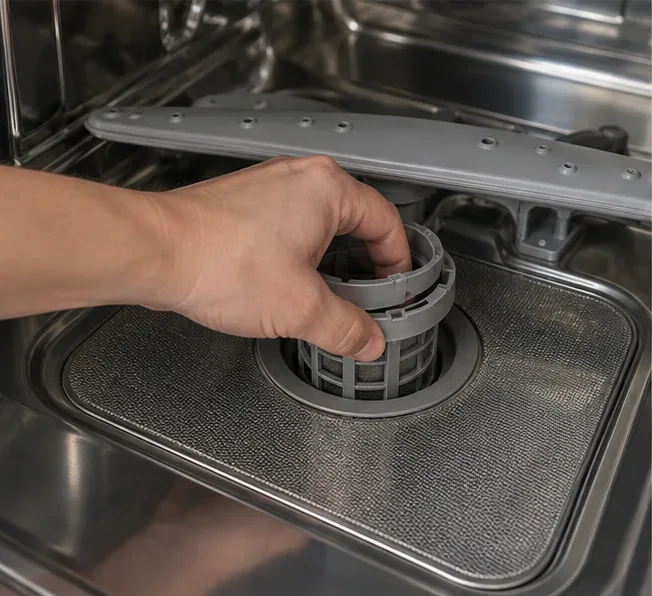 Hand gripping the cylindrical dishwasher filter to turn it counterclockwise