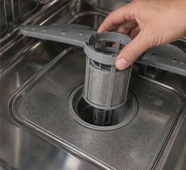 Hand lifting a cylindrical mesh dishwasher filter out of the tub floor opening