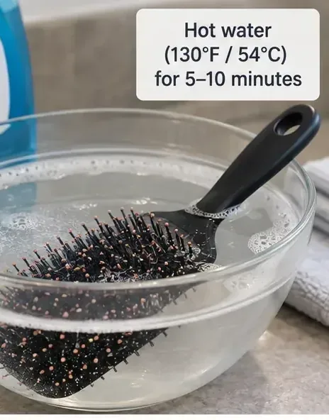 A black paddle hairbrush submerged in a bowl of hot water with a card stating 130 degrees Fahrenheit or 54 degrees Celsius for 5 to 10 minutes