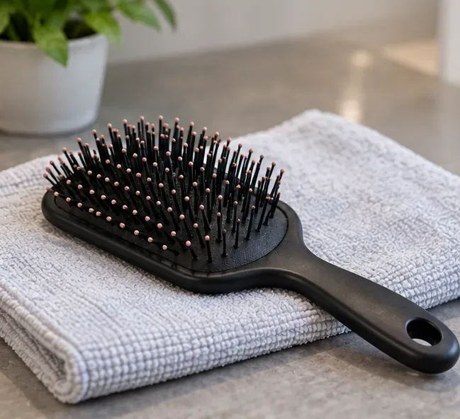 A cleaned black paddle hairbrush resting on a folded white towel to dry after lice-related cleaning