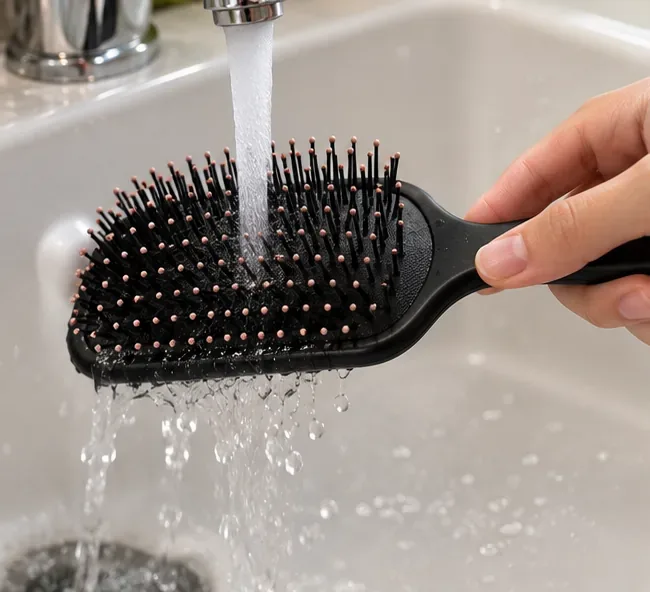 A black paddle hairbrush being rinsed under running water after the hot-water lice cleaning step