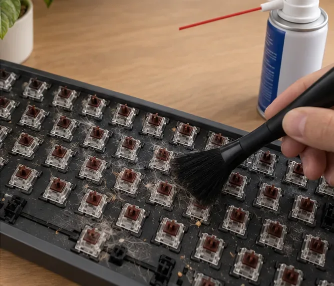 O placă de tastatură mecanică expusă, cu comutatoare maro, este curățată cu o perie neagră și moale, în timp ce o cutie de aer comprimat se află în apropiere.
