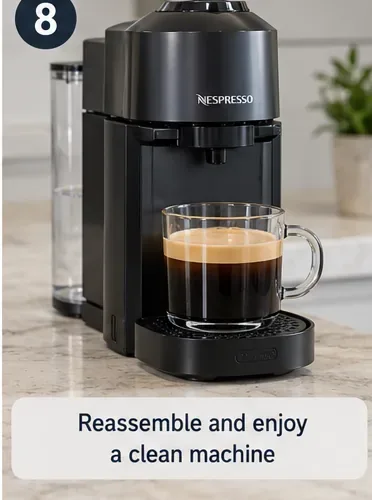 A clean Vertuo-style coffee machine reassembled with its water tank and cup support back in place