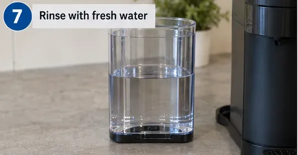 A Vertuo water tank filled with fresh water beside the coffee machine before the rinse cycle