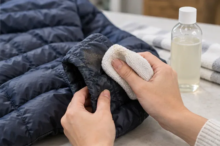 Hands gently blotting a dirty cuff on a navy down jacket with a soft white cloth