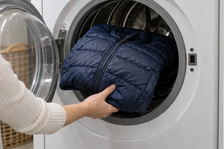 A navy quilted down jacket being placed into the drum of a front-loading washing machine