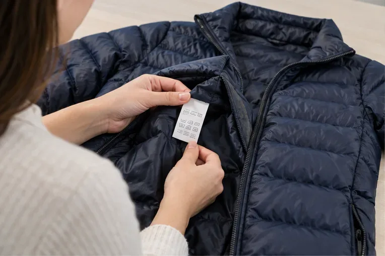 Hands holding the care label of a navy quilted down jacket laid flat on a table