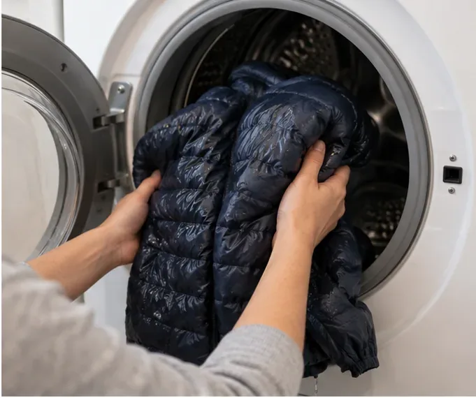 Hands carefully lifting a wet navy down jacket from the open drum of a front-loading washer
