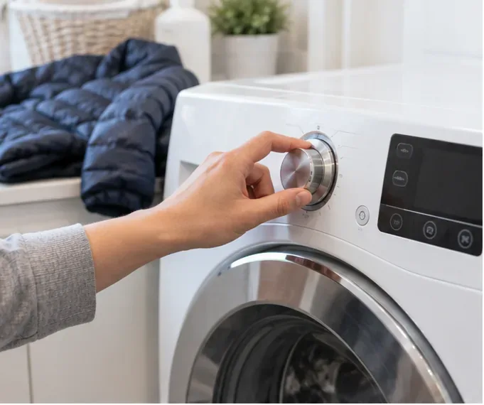A hand turning the cycle selector on a modern front-loading washing machine beside a navy down jacket