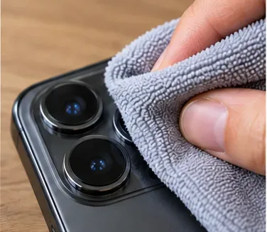 A hand gently wiping a multi-lens phone camera module with a soft gray microfiber cloth