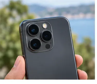 A clean multi-lens smartphone camera module held outdoors with clear reflective lens surfaces and no visible smudges